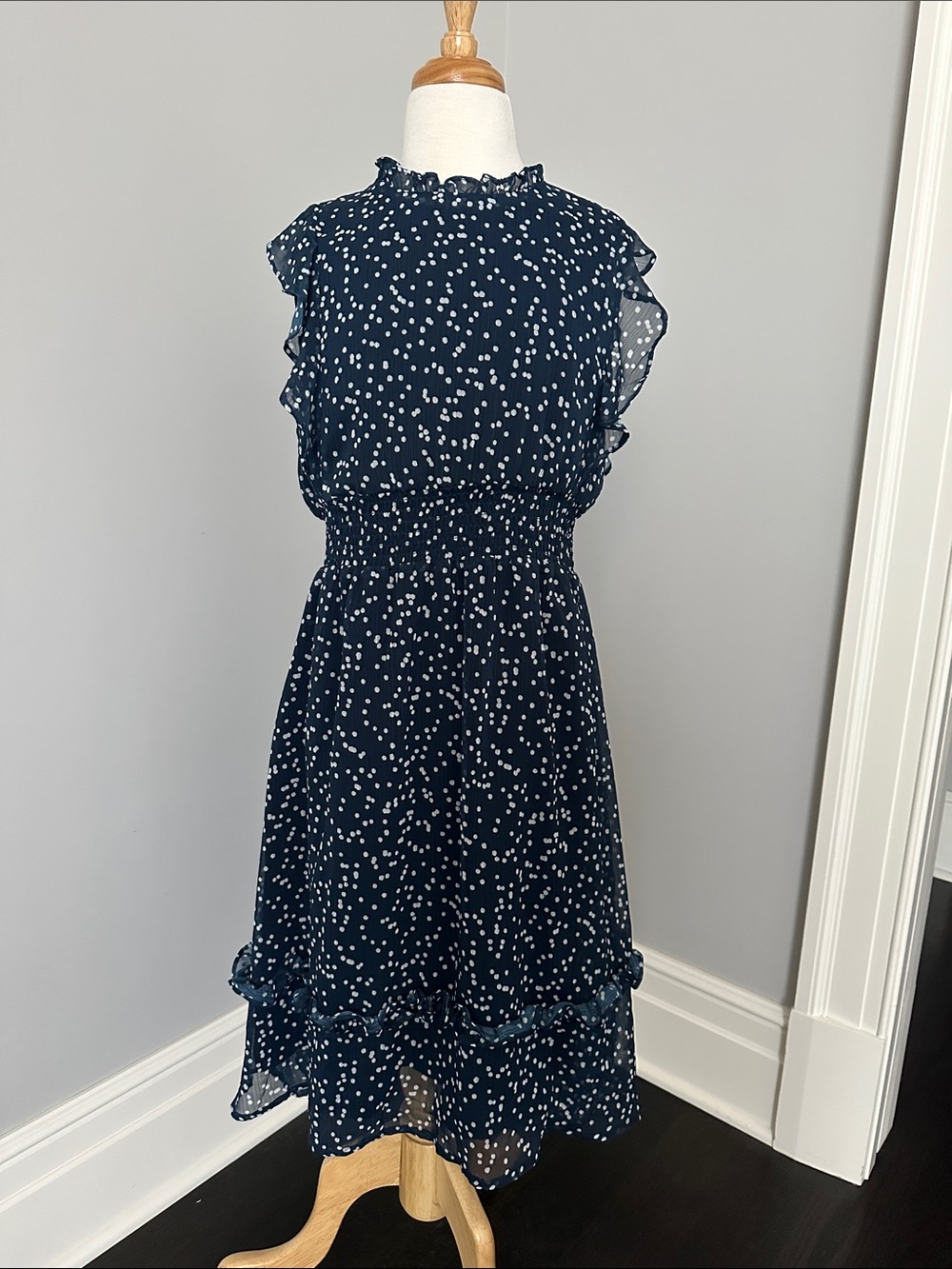 Girls Aqua Navy and White Dot Ruffled Midi Dress